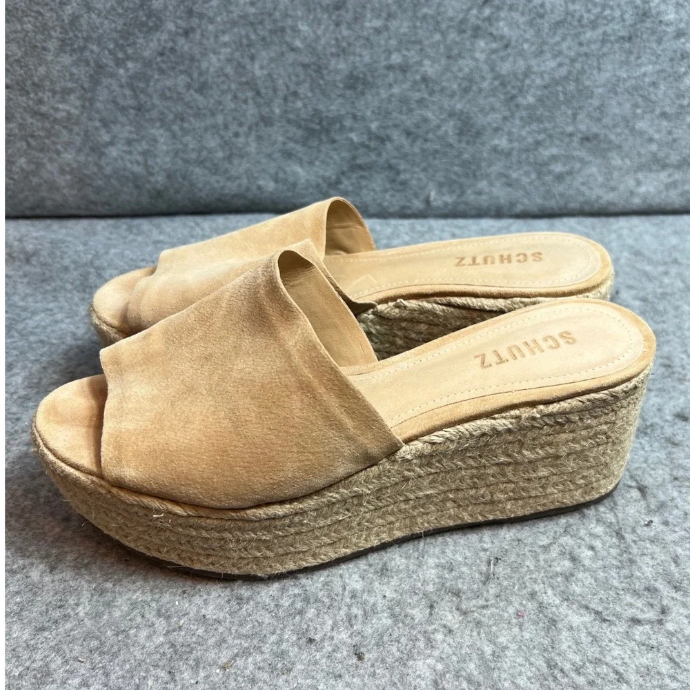 Schutz Tan Suede Espadrille Wedge Platform Sandals Mules Summer 8 Made In Brazil